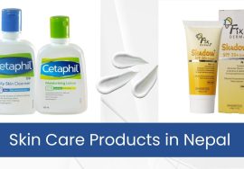 A picture displaying the best skin care products in Nepal starting with cetaphil and shadow cream