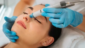 Delighted nice positive woman having hydrafacial procedure