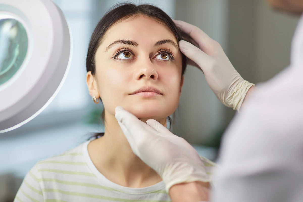 Surgeon touching woman face consulting