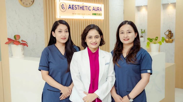 aesthetic aura clinic's doctor Isha Poudel Koirala with her team